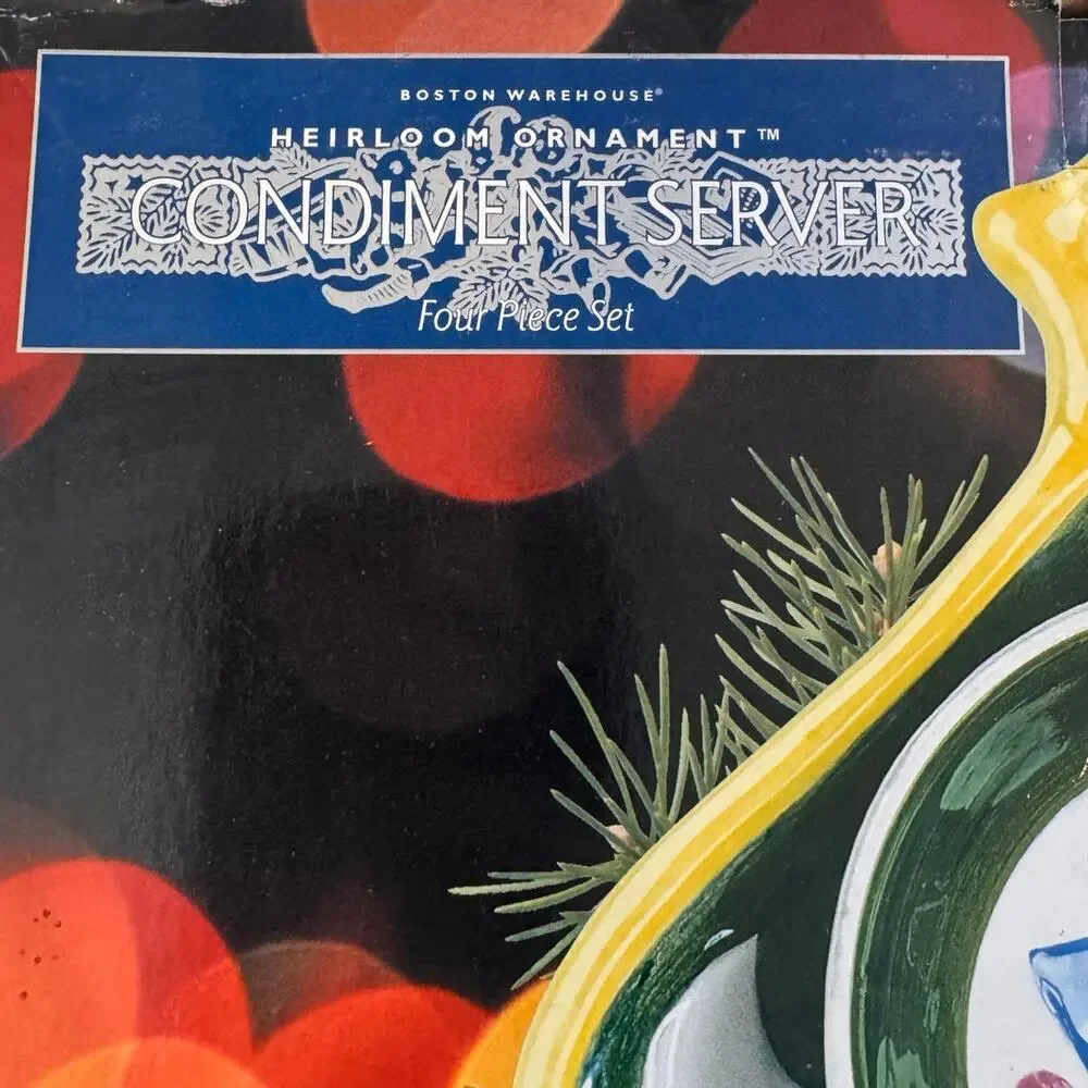 New in Box Vtg Boston Warehouse Heirloom Ornament Condiment Server Holiday 4pc
